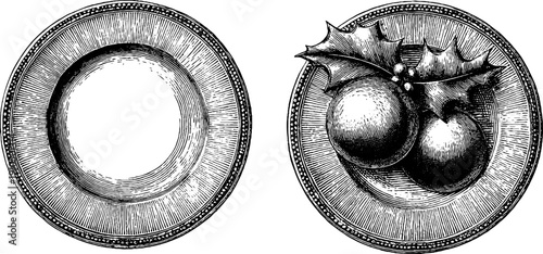 Engraved christmas tableware design with holly berries for festive decoration