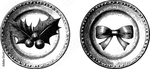 Christmas table plates design holiday engraved vintage sketch hand drawn.
