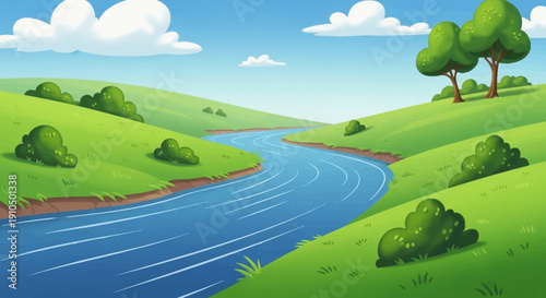 A calm cartoon-style landscape with a flowing river, green rolling hills, soft clouds, and lush shrubs. A serene, nature-inspired view filled with tranquility