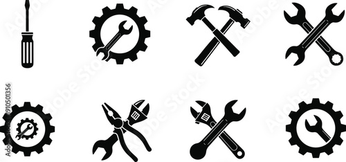 Black, mechanical, tool, icons, set, featuring, screwdriver, hammer, wrench, pliers, and, gears, isolated, on, white, background, vector, illustration, for, repair.