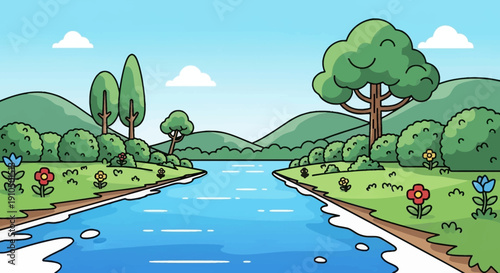 A vibrant, cartoon-style landscape featuring a peaceful river, lush green trees, colorful flowers, and rolling hills under a bright blue sky. A cheerful, nature-inspired scene