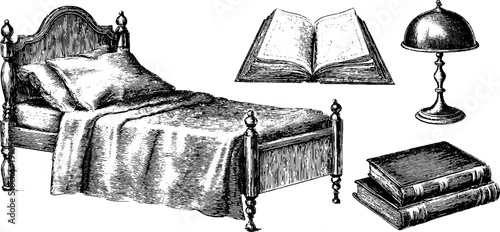 Vintage bedroom elements set with cozy bed, night lamp, and books for home decor