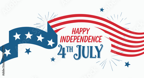4th of July Happy Independence Day vector banner with ribbon and stars, for poster or social media