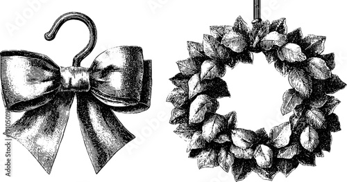 Vintage holiday wreath and ribbon bow sketch for festive decoration and design