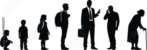 Black, silhouettes, representing, human, life, stages, from, childhood, to, old, age, isolated, on, white, background, vector, illustration, growth, concept.