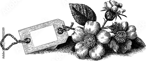 Engraved floral illustration dried flowers twine string vintage sketch hand.
