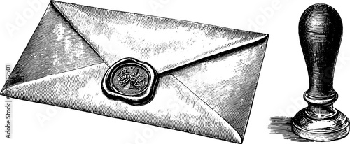 Vintage engraving of sealed envelope and stamp for retro design projects