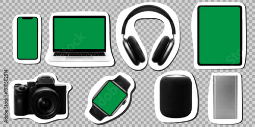 Set of modern electronic gadgets silhouettes in halftone dither style featuring laptop, smartphone, tablet, smartwatch and camera with green screen mockups