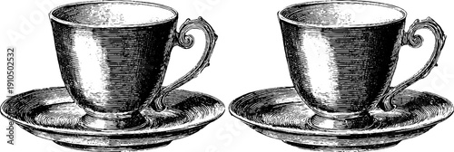 Vintage engraved espresso cup set illustration for cafe decor and design