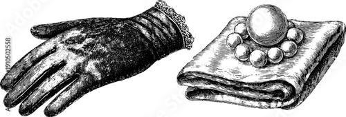 Vintage engraved illustration set of evening gloves and pearl clutch accessories