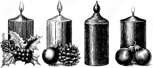 Vintage engraved festive candle set with holiday decorations for seasonal design