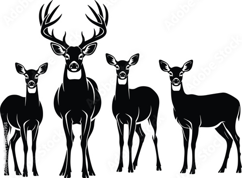  Deer family silhouette with buck and three does, black and white vector wildlife graphic, isolated forest animals for nature designs,
