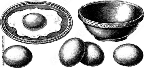 Vintage engraved illustration of fried eggs and bowls for culinary design and decoration