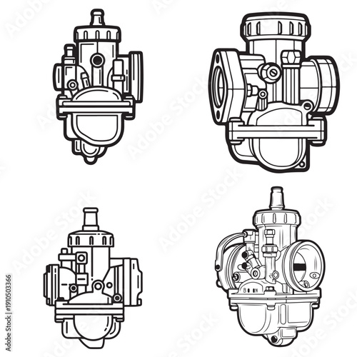 Motorcycle carburetor fuel system and intake technical illustrations