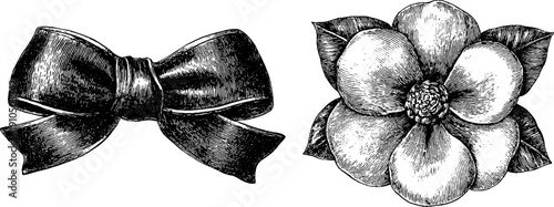 Elegant vintage engraving of hair ribbon and silk bow for design projects and decoration