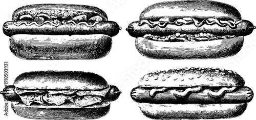 Vintage hot dog engraving set for menu design and retro food illustrations