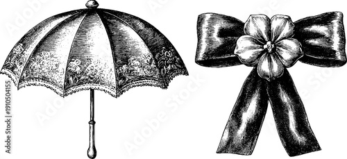 Vintage lace parasol and ribbon bow engraving for retro design