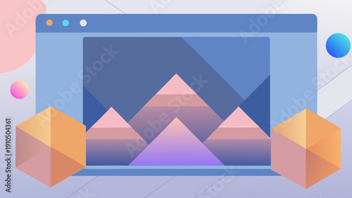 Digital Landscape with Geometric Mountains and Floating 3D Cubes