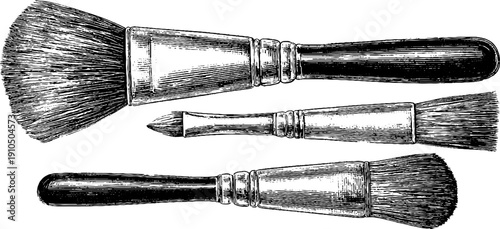 Vintage engraved makeup brush set in bold black lines for design projects