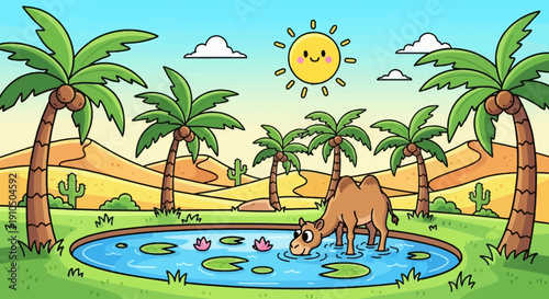 A cheerful desert scene with a camel drinking from a small pond surrounded by palm trees and cacti, under a bright smiling sun and fluffy clouds