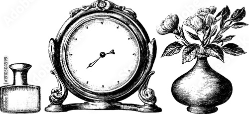 Vintage engraved illustration set of mantel clock and decorative items for home decor design