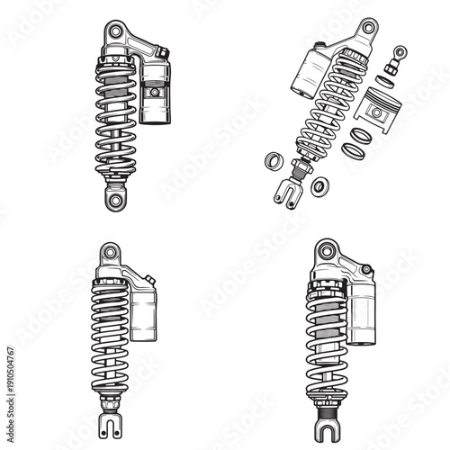 Motorcycle rear shock absorber and suspension spring technical line art