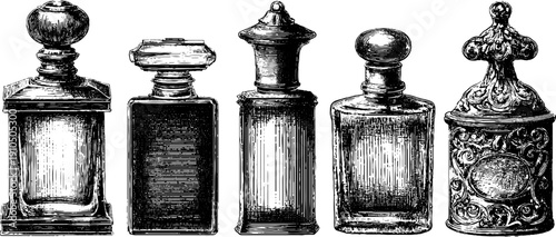 Vintage perfume bottles engraving set with black bold lines