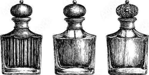 Perfume bottle label set design vintage sketch hand drawn engraving.
