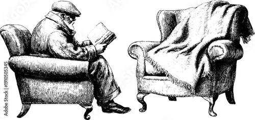 Vintage engraved illustration of a person reading in an armchair for retro design projects