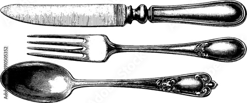Vintage picnic cutlery set engraving for design and decoration