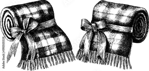 Vintage engraved plaid blanket set for retro decor and design projects