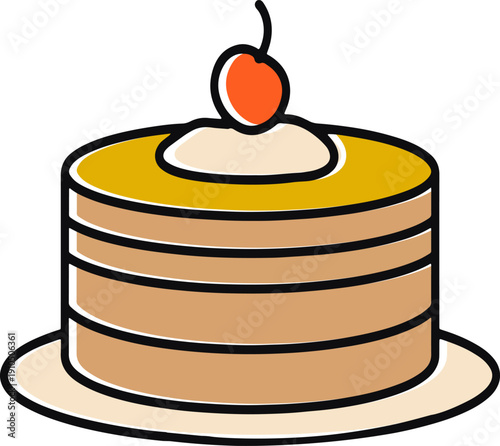 Layered Cake Slice with Cherry Topping Flat Vector Illustration Icon