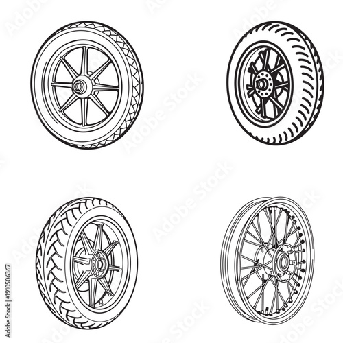 Collection of motorcycle wheels and rims line art, tire and spoke icons
