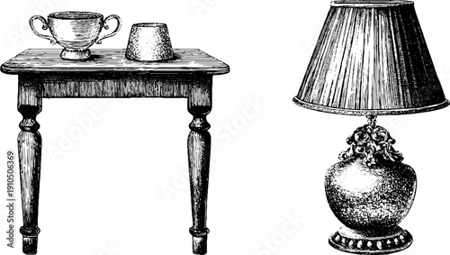 Vintage engraved illustration set of side table and coaster with elegant lamp