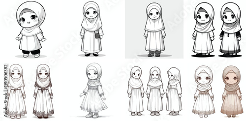 Line art of a little girl wearing Muslim clothing. Ramadan theme. Vektor, icon, set icon, minimalist, flat