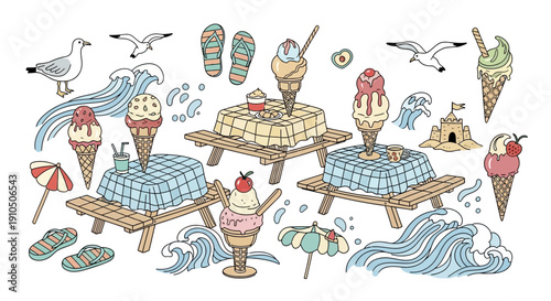 Colorful Ice Cream Cones and Sundaes Illustration.