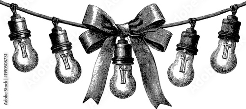 Vintage string lights with paper garland hand drawn silhouette for holiday decor and design