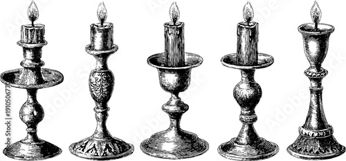 Vintage candle holders set in engraved style for retro decor and design projects