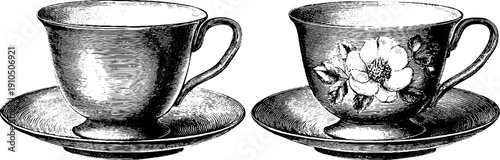 Vintage tea cup set engraving with floral design in black lines for retro art and design projects