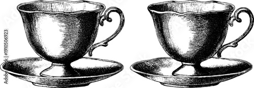Vintage tea cup engraving set with bold black lines for design and decoration