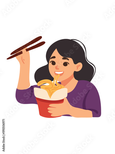 smiling young woman enjoying thai takeout meal