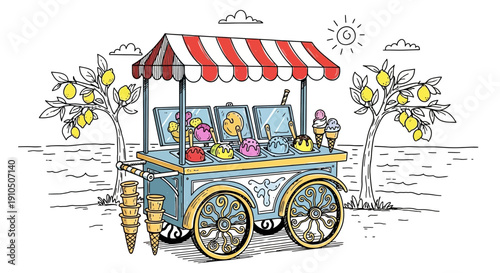 Colorful Ice Cream Cart Illustration.