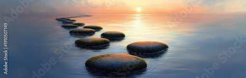 moss-covered round stepping stones forming a curved path across calm water toward a glowing sun at sunrise, soft pastel sky and peaceful reflections evoking serenity