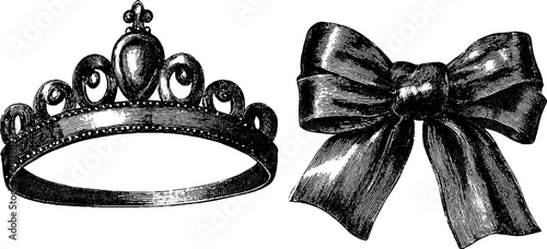 Elegant engraved illustrations of tiara and ribbon for vintage design projects