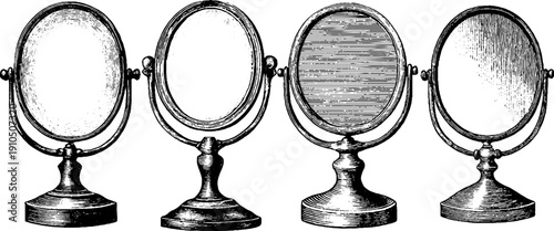Vintage vanity mirror stand engravings - set of hand drawn designs for retro decor