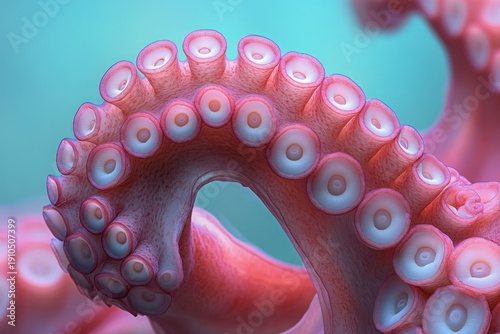 close-up of curling pink octopus tentacles with suction cups against soft turquoise background, mesmerizing and graceful