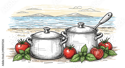 Pots and Tomatoes Kitchen Utensils Illustration.
