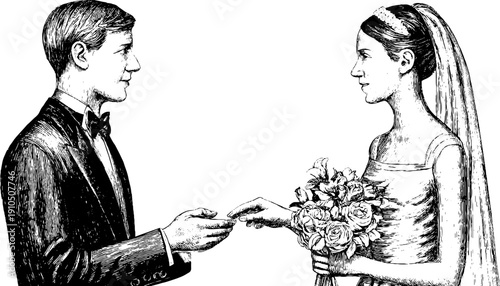 Elegant vintage wedding program card design - hand drawn engraving of bride and groom