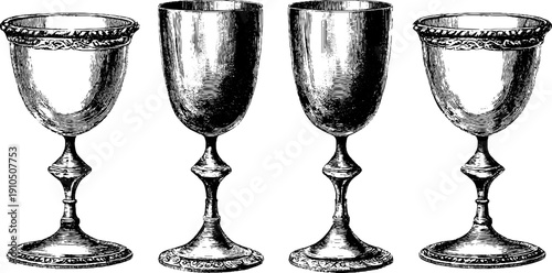 Elegant vintage wedding toast glasses engraved illustration set for retro design and decoration
