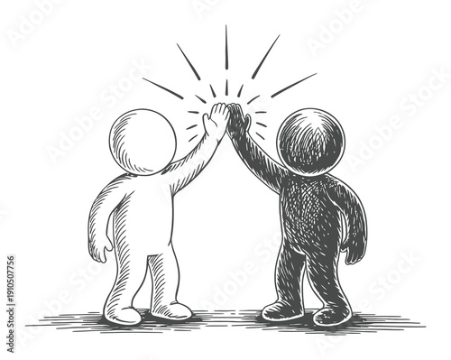 Two stylized figures, one white and one black, high-fiving with radiating lines above them